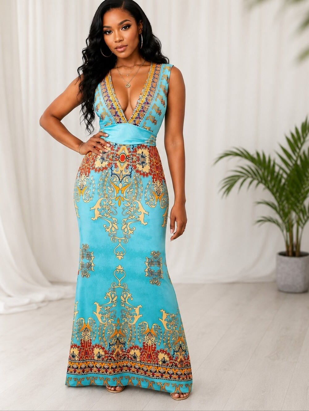 CBR Women's Boho Print Maxi Dress Size M Turquoise Deep V Empire Waist #679